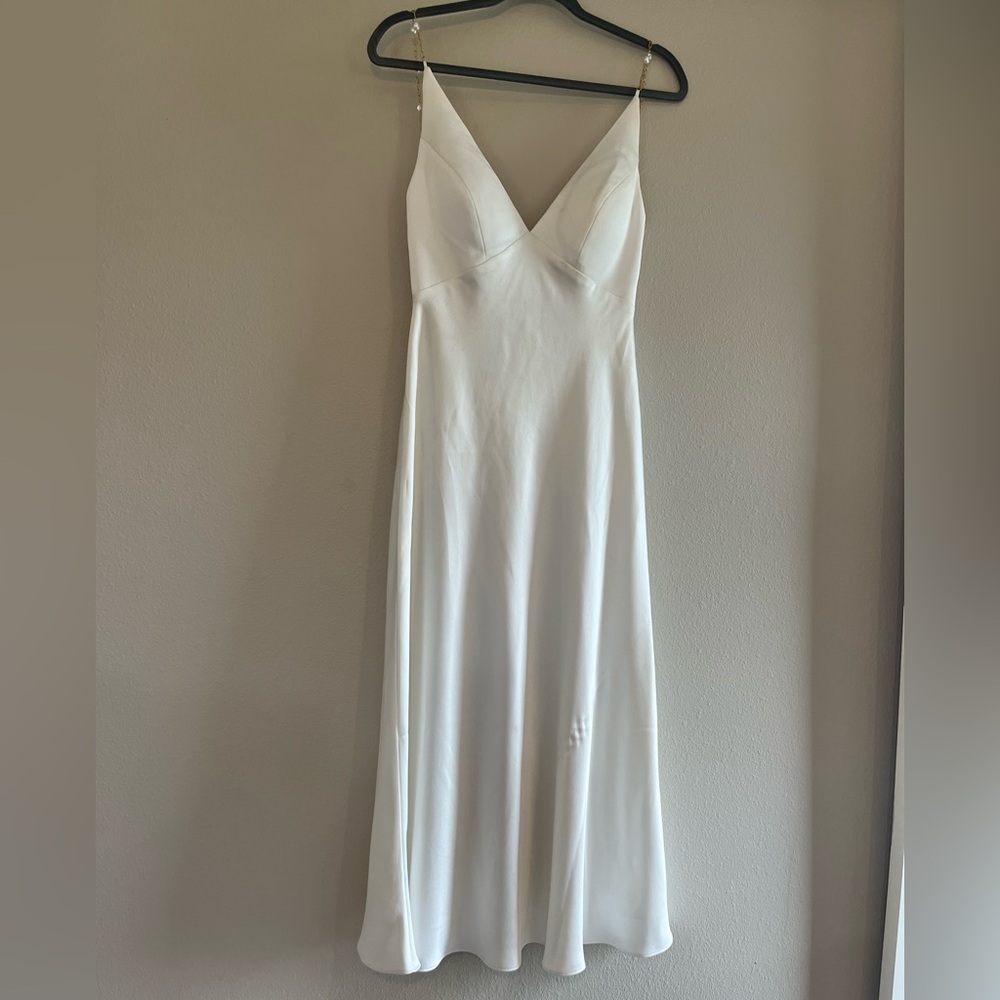 Jenny Yoo White Low-back Dress with Gold and Pearl Straps